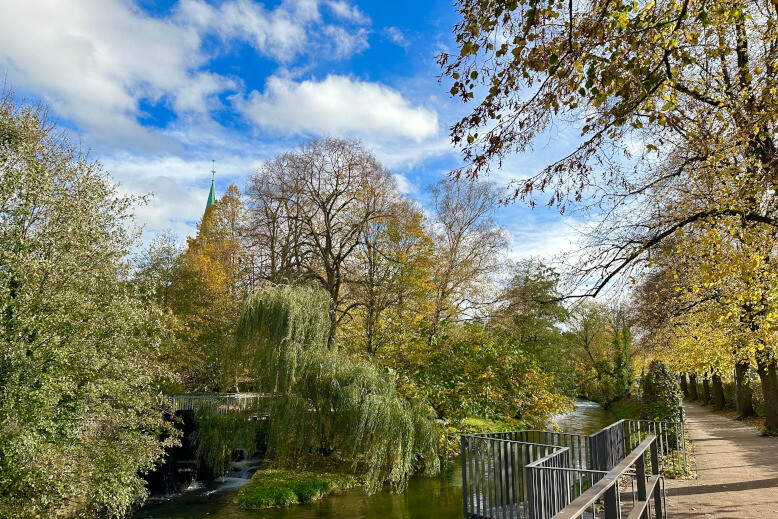 Hönne mit Bäumen und Spazierweg in Menden